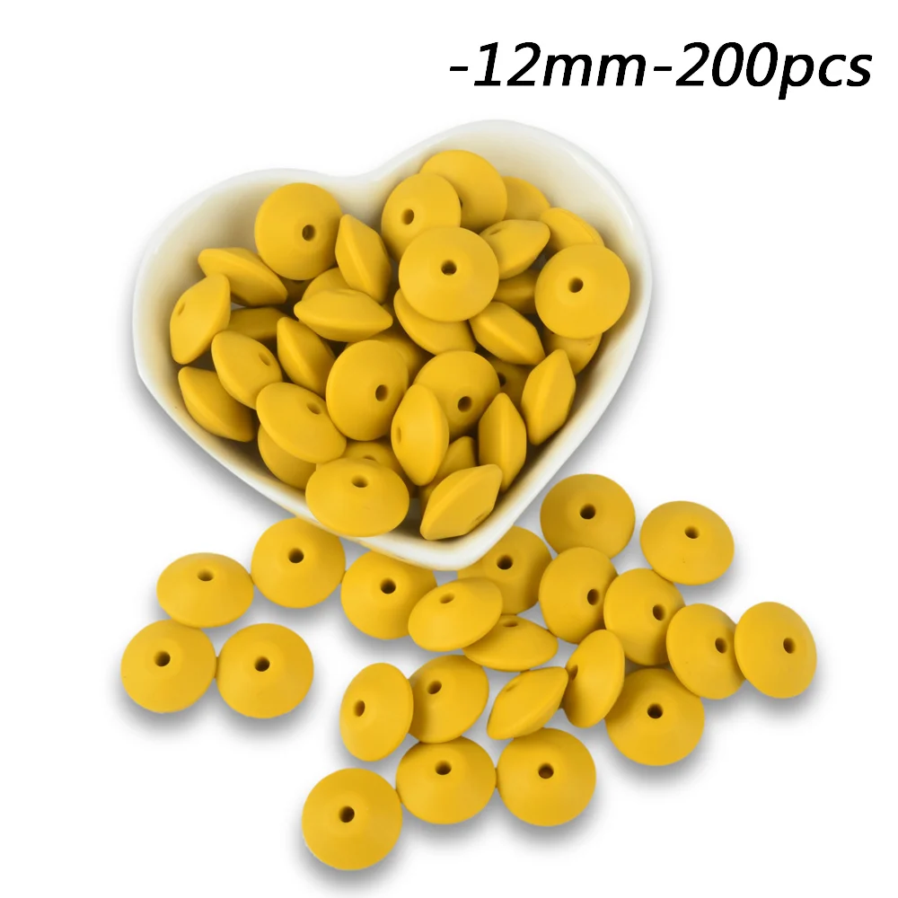 mustard LOFCA, 200 шт./лот, пищевая чечевица, силиконовые бусины, 12 мм, без бисфенола, Детские Прорезыватели, игрушки для кормления, подарок для прорезывания зубов, ожерелье, браслет, сделай сам - Цвет: mustard