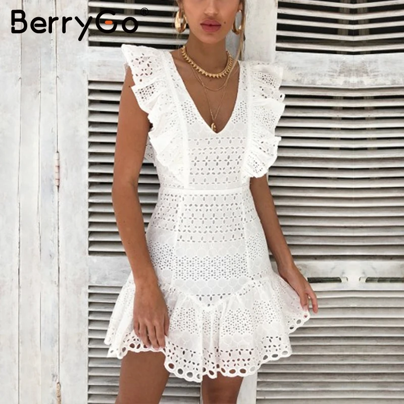 BerryGo Элегантный рюшами хлопок Белое Женское платье вышивка летняя с высокой