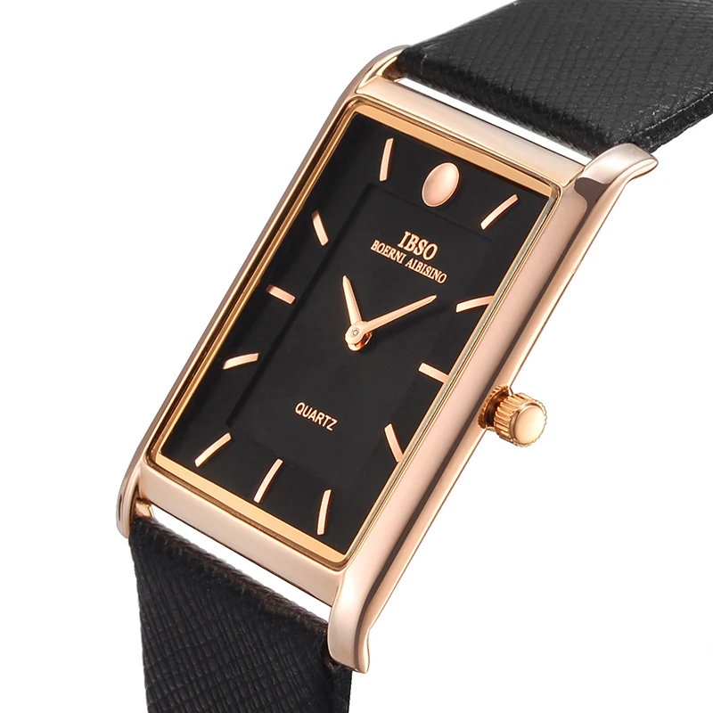 

IBSO 7MM Ultra-thin Rectangle Dial Quartz Wristwatch Black Genuine Leather Strap Watch Men Classic Business Men Quartz Watches