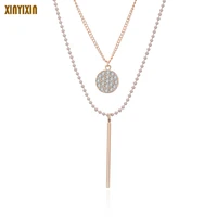 simple rose gold round pendant necklace women elegant crystal geometric beads necklace multi layers long fashion jewelry gift