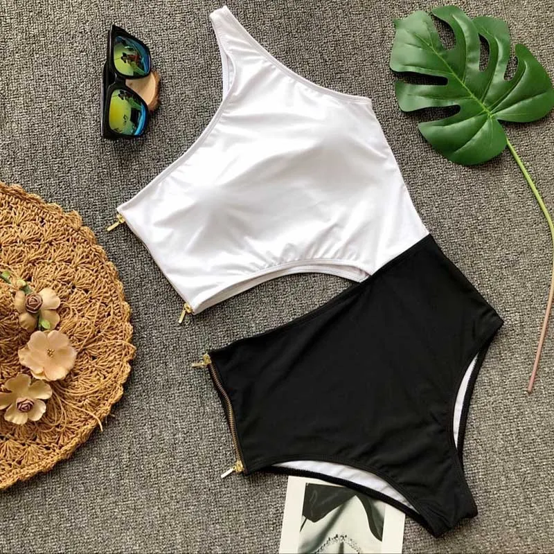 2018 сексуальный слитный купальник на одно плечо молнии купальные костюмы в стиле