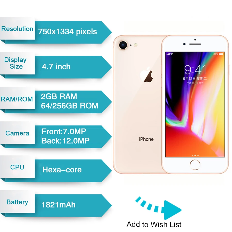 Apple iPhone 8 2 Гб ОЗУ 64 Гб/256 ГБ шестиядерный IOS 3D Touch ID LTE 12,0 МП камера 4," дюймовый Apple отпечаток пальца 1821 мАч