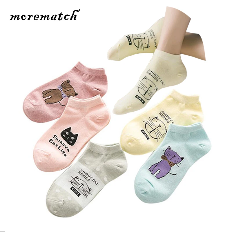 

Morematch 5 Colors Spring Autumn Women Sock Candy Color Cartoon Cat Cotton Socks Comfortable Breathable Casual Socks