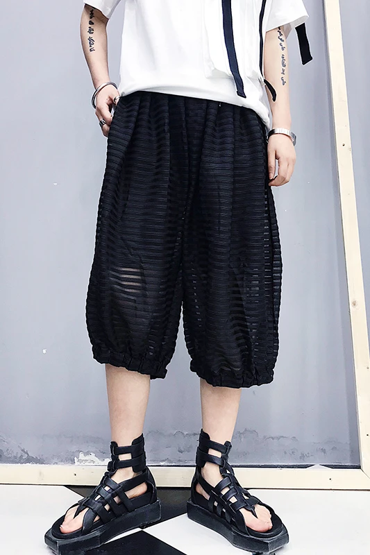 

2019One size!!Summer dark hair stylist fake two pieces of mesh perspective casual pants men's loose harem pants cropped trouser.