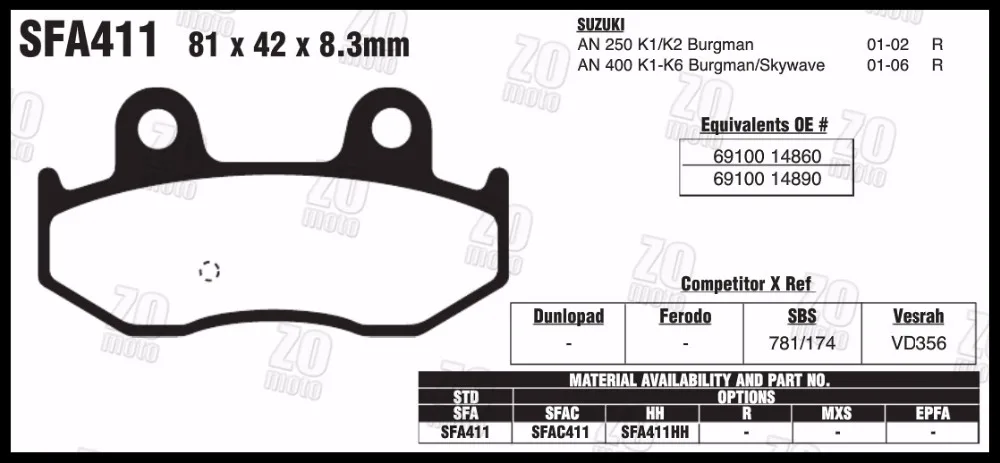 Zomoto 2016 мотоцикла колодки дискового тормоза FA411 подходит для Suzuki 400 K3/K4/K5/K6/ SK6
