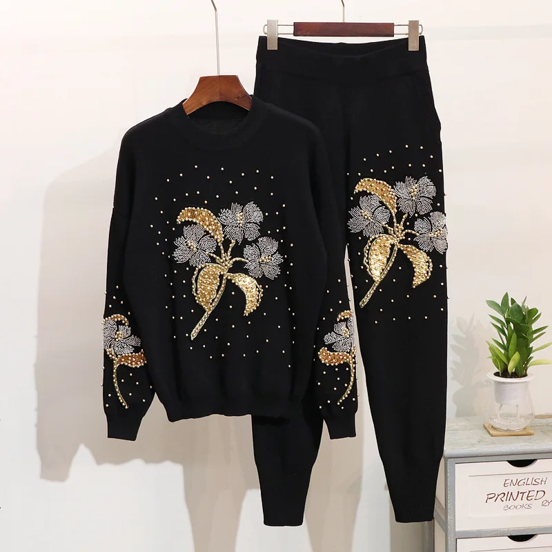 

Fashion autumn Two Piece Set Women Pullover Sweater + Pants Set Casual Beading Flowers tracksuits women set Loose 2 piece set