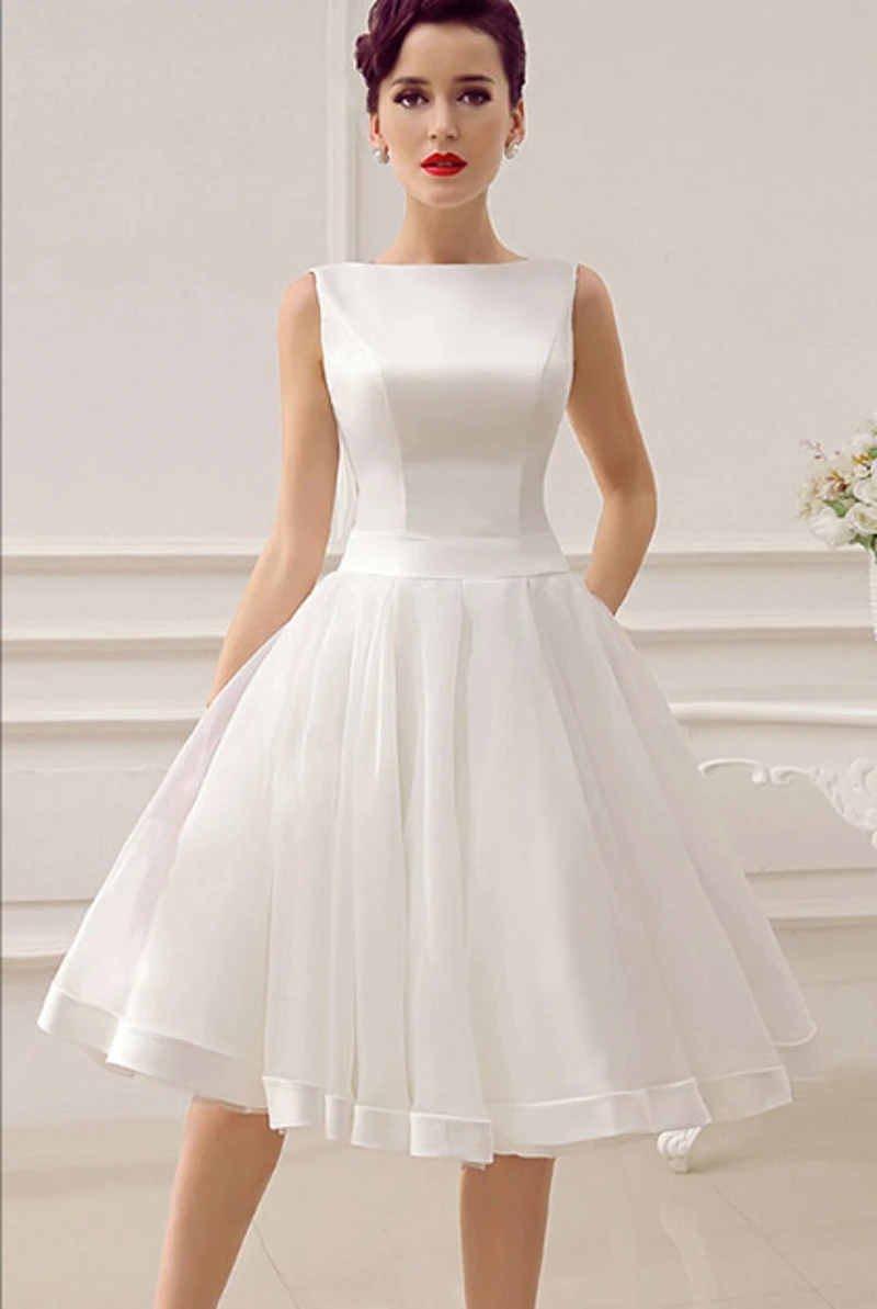 Элегантное короткое свадебное платье винтажное 1950-х годов вырез лодочкой без