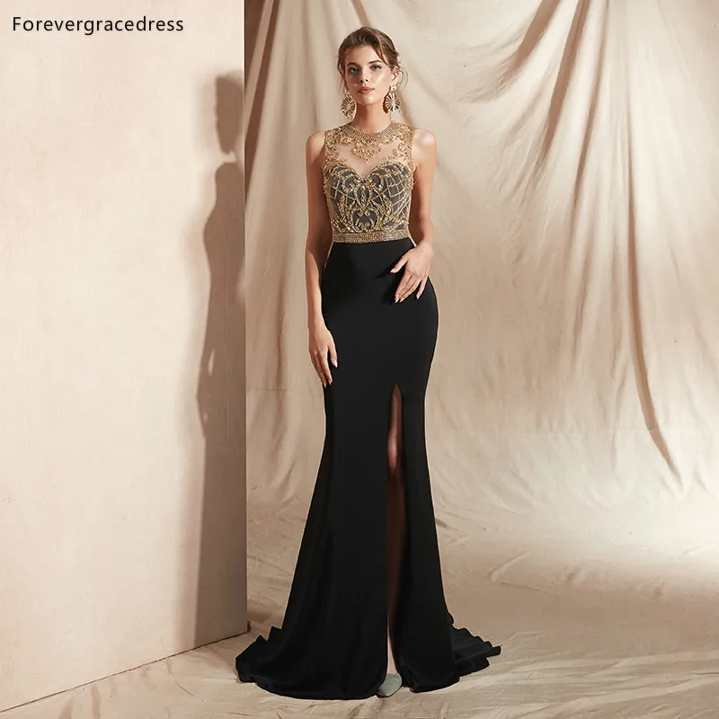 Черные вечерние платья с бисером Forevergracedress 2019 без рукавов разрезом и юбкой годе