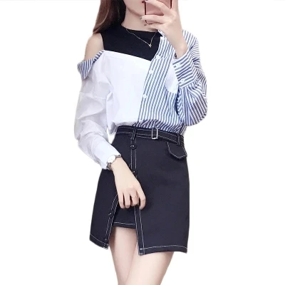 Women suit New personality striped shirt with small incense wind skirt female summer high-end two-piece Skirt Suits |
