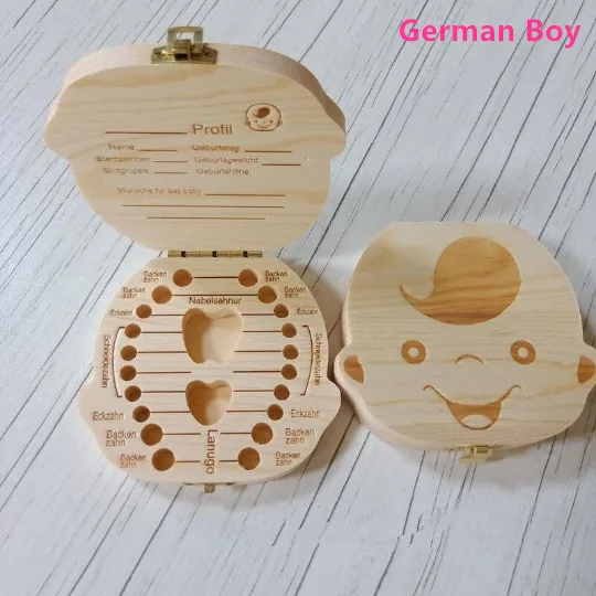 Germany Boy Ящик для хранения зубов португальский немецкий английский испанский французский итальянский текст для маленьких мальчиков и девочек деревянный ящик для сбора молочных зубов - Цвет: Germany Boy