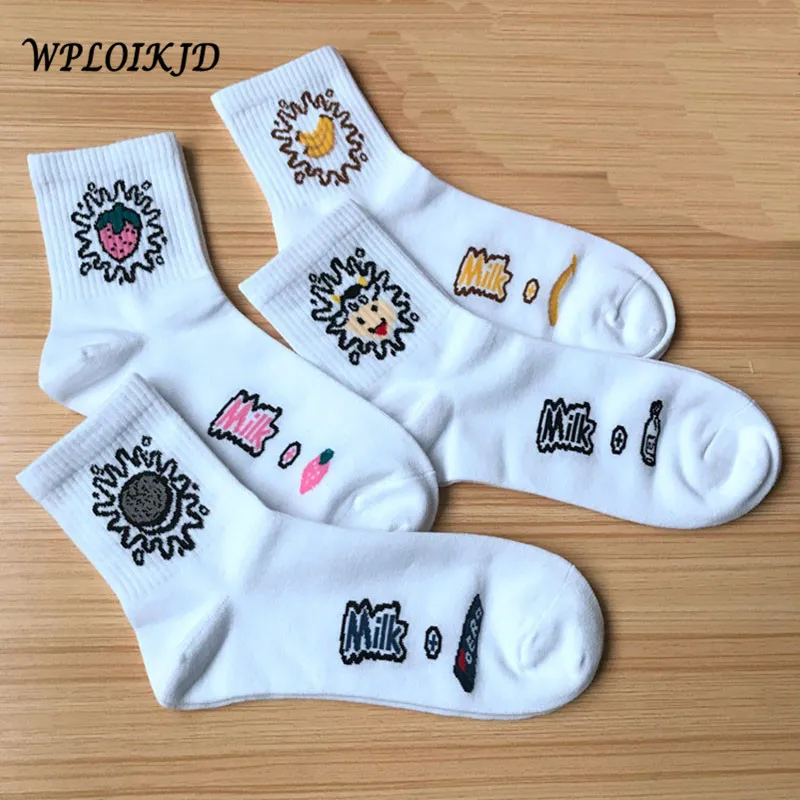 [WPLOIKJD]Harajuku Socks Fashion Japan Food Fruit Milk Creative Banana Strawberry Printing Women Skarpetki Calcetines Sox | Женская