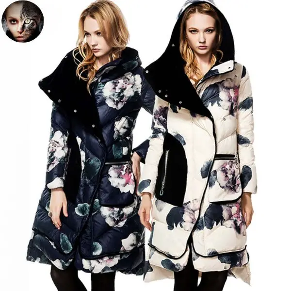 Женский длинный пуховик CLJ модная зимняя куртка на утином пуху с цветочным