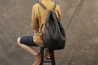 mens backpack large capacity drawstring backpack soft genuine leather bucket bag women concise school travel bag male schoolbag