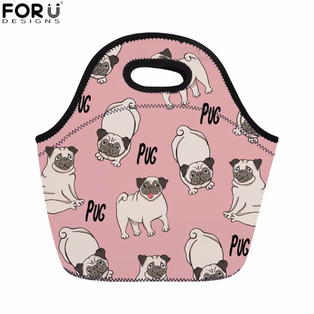 

FORUDESIGNS Cute Pug Dog Printing Insulation Neoprene Lunch Bag Food Container Storage Thicker Baby Bag for Kids School Supplies