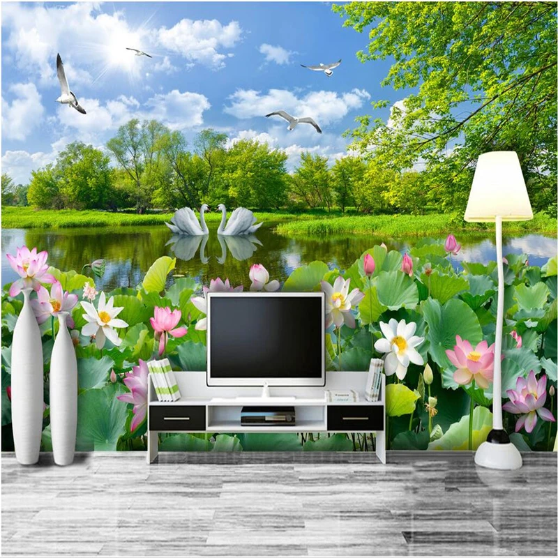 beibehang Custom wallpaper Murals Any size photo Beautiful scenery Swan Lake Lotus living room Landscape TV background wall |