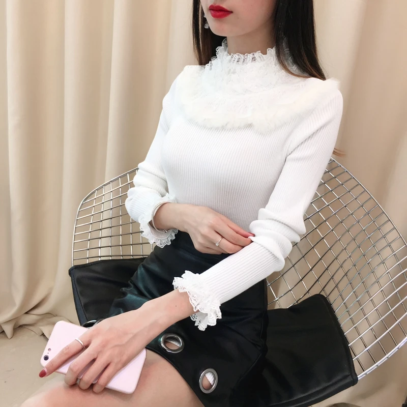 Зима 2020 водолазка с длинным рукавом и оборками Красные кружевные декорированные