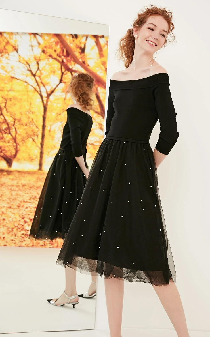 Vero Moda Новое Женское трикотажное платье с 3/4 рукавами и открытыми плечами | 318346521