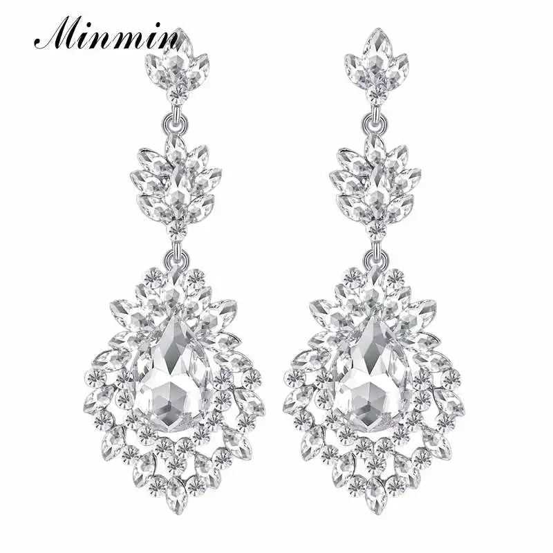 Silver Minmin блестящие золотые/Серебряные длинные висячие серьги в виде цветка с кристаллами для невесты, роскошные свадебные ювелирные изделия для выпускного вечера, висячие серьги для девочек EH1102 - Окраска металла: Silver