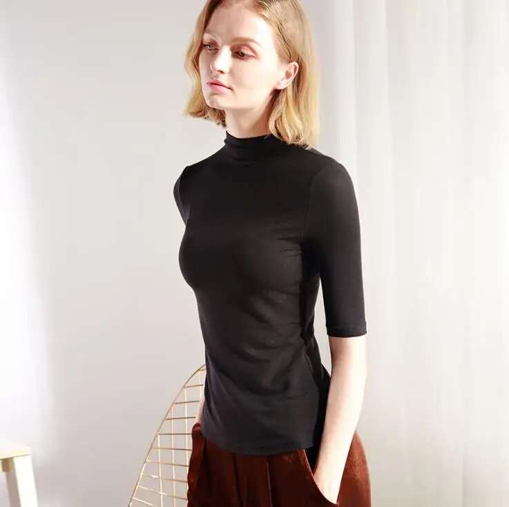 Moda Jihan, женская футболка, базовые футболки, приталенные базовые футболки, топы, новинка, хлопок, с высоким воротом, половина рукава, тонкие женские футболки - Цвет: BLACK