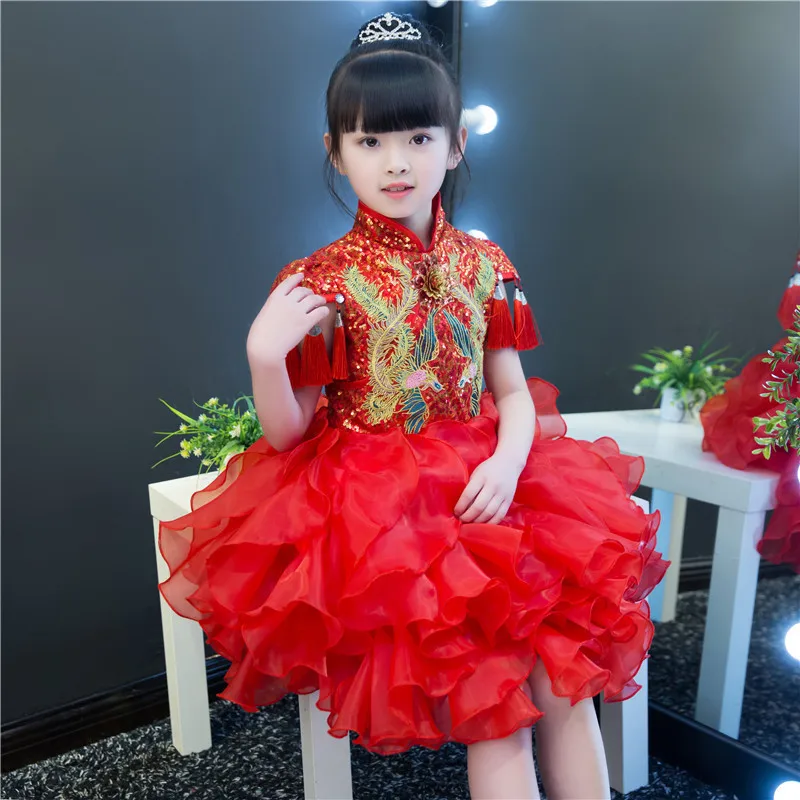 Красные платья принцессы Qipao для девочек Модное детское китайское платье