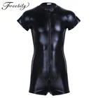 Кожаный мужской слитный купальник на молнии спереди, стринги, трико, боди с прозрачной сеткой сбоку для ночного клуба Вечерние