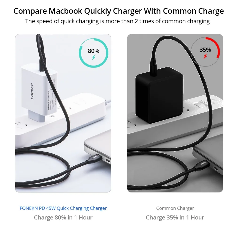 FONKEN type-C 45 Вт PD зарядное устройство с USB C кабелем Быстрая Зарядка телефона USB зарядное устройство 15 в 3 А Тип C ноутбук быстро настенный USB адаптер для путешествий