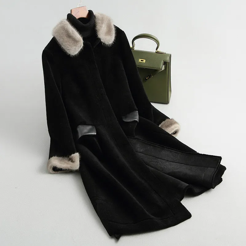 Black AYUNSUE, Женское пальто с натуральным мехом, Осень-зима, шерстяная куртка, норковый меховой воротник,, корейские меховые пальто для женщин, Casacos Feminino KQN68288 - Цвет: Black