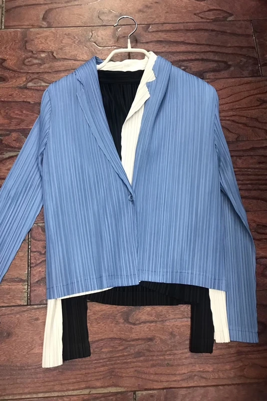Light Blue Changpleat весна осень женские короткие пальто куртка Miyak плиссированные модные однотонные с длинным рукавом тонкие на одной пуговице пальто кардиган C97 - Цвет: Light Blue