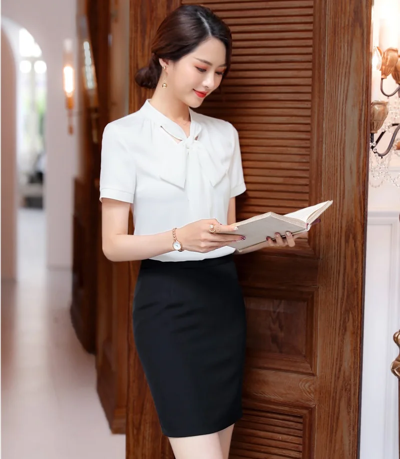 Формальные Деловые костюмы с юбкой и топом Элегантные Белые блузы рубашки в