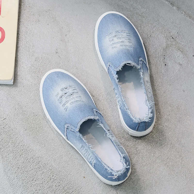 Женские парусиновые туфли на плоской подошве с круглым носком джинсовые слипоны