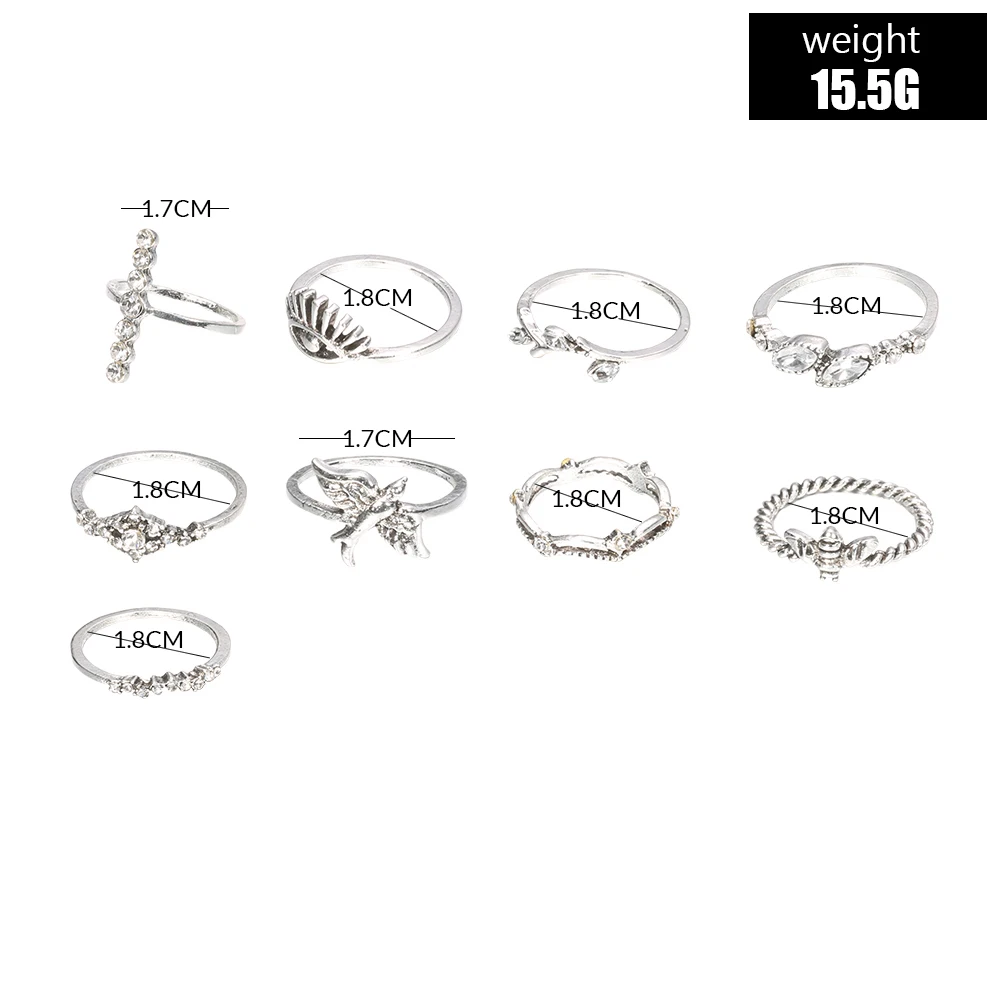 9Pcs/Set Vintage Bee Swallow Ring Set With Stone Silver Color Phalanx Women's Rings Boho 2020 Trend Midi Knuckle Gift Jewelry |