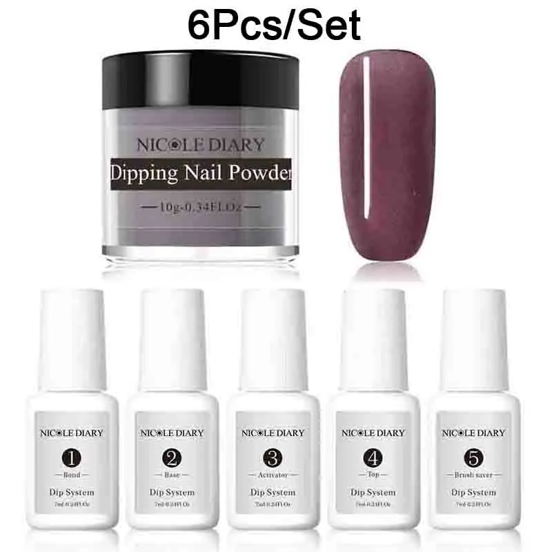 6pcs Set 8 Николь дневник 9/6/4/3 шт Dip для ногтей, порошковый набор нейл-арта, гвозди с блестящим напылением матовая голограмма пыли с базовый топ активатор щетка - Цвет: 6pcs Set 8