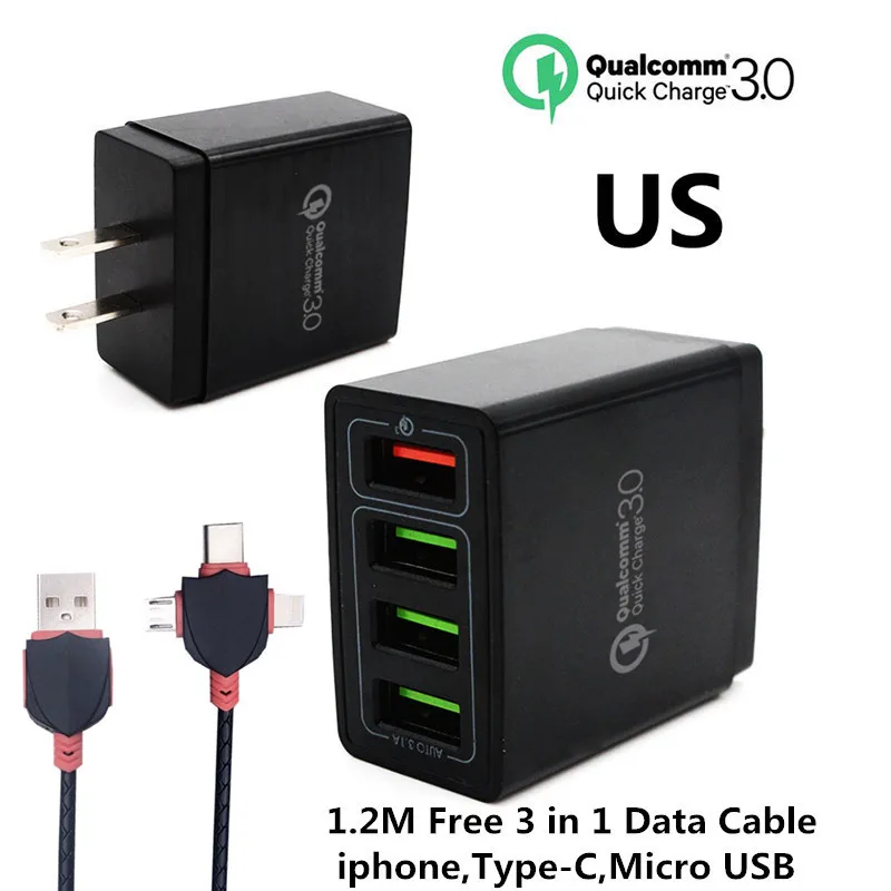 XEDAIN 4-Порты USB Зарядное устройство Quick Charge 3,0 9 V 12 V EU/US 5 V/2.4A Подключите быстрой зарядки для samsung iPhone стены мобильный телефон адаптер - Тип штекера: US  3in1 Cable Black