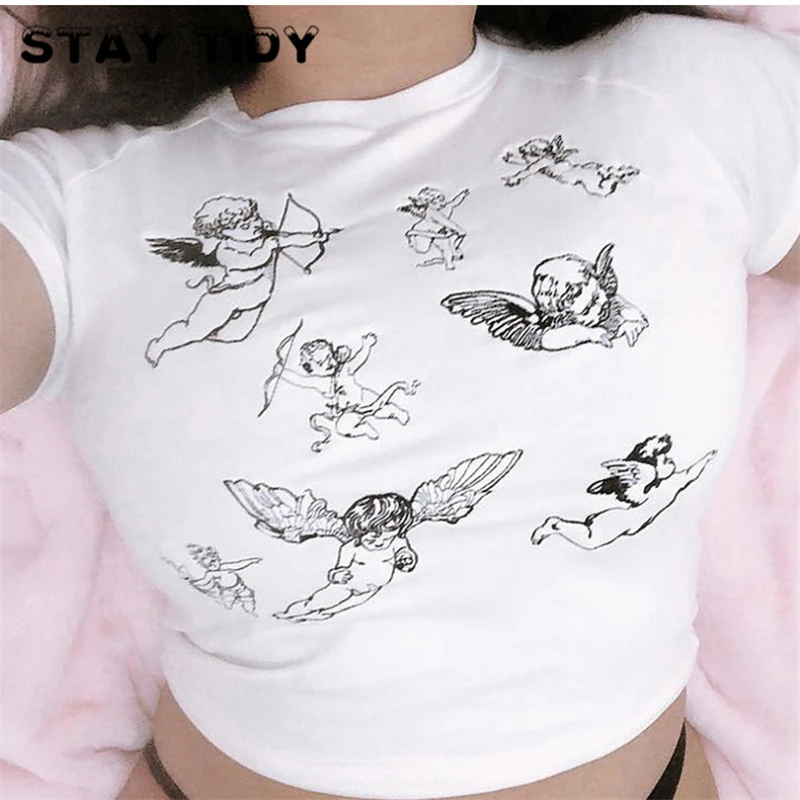 STAY TIDY Angel Cupid Print Cotton Crop Tops Summer Women 2019 Short Sleeve O-Neck Slim T Shirts Casual Female Streetwear Tees | Женская