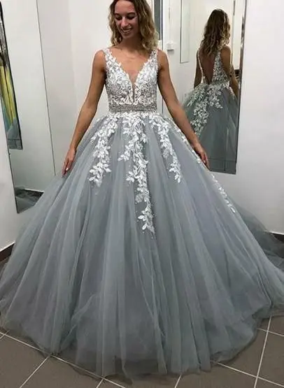 

New Beautiful Tulle Prom Dresses Long Appliqued Lace Evening Party Gowns Backless V-neck