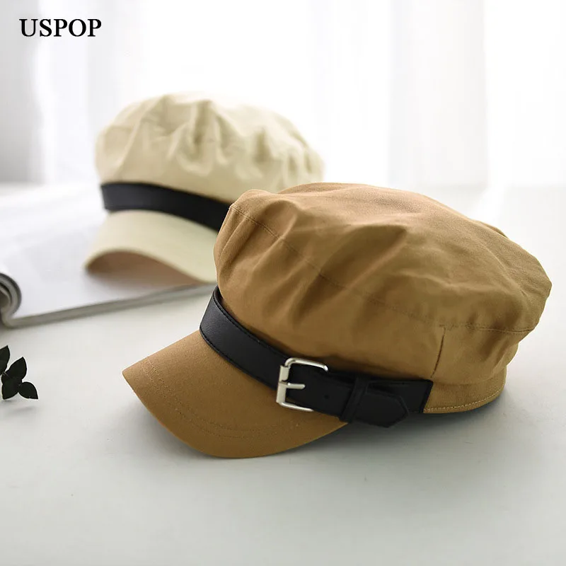 USPOP 2019 New women newsboy caps belt decoration cap flat top cotton visor female warm autumn winter hat |