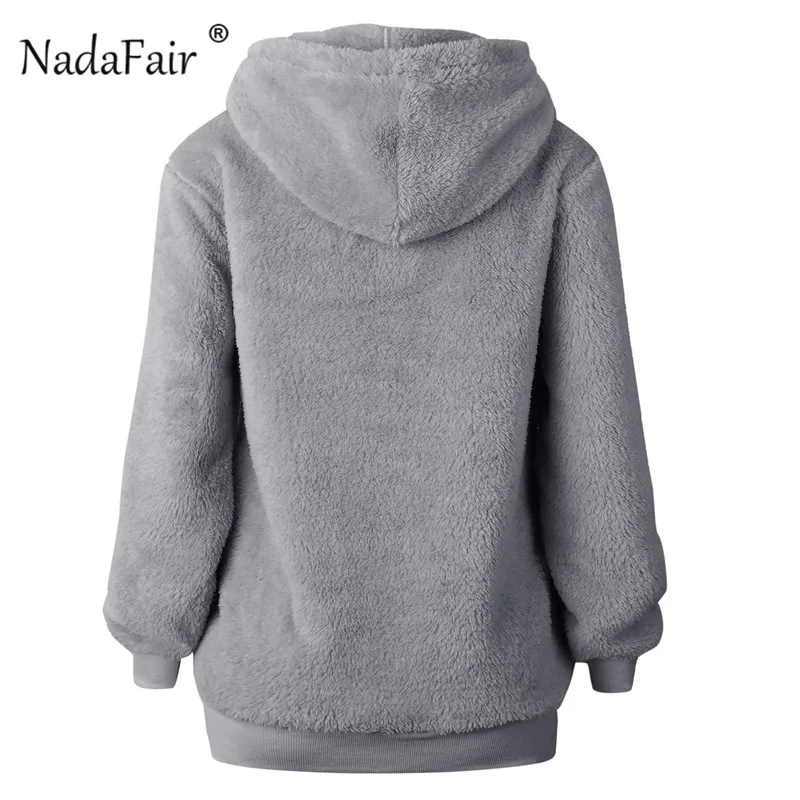 Nadafair, искусственный Пушистый Плюшевый худи с капюшоном, Женская Осенняя Толстовка с длинным рукавом на молнии, мохнатый шнурок, зимние свитшоты для женщин