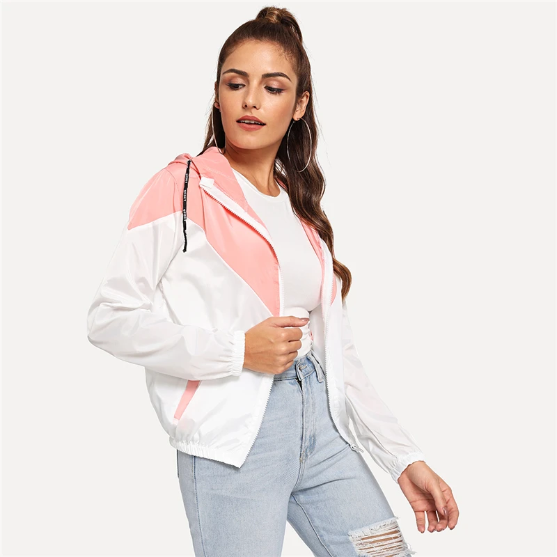 Dotfashion цветная контрастная розовая куртка на молнии с капюшоном и шнуровкой, женское повседневное пальто, осенняя одежда, Весенняя верхняя одежда