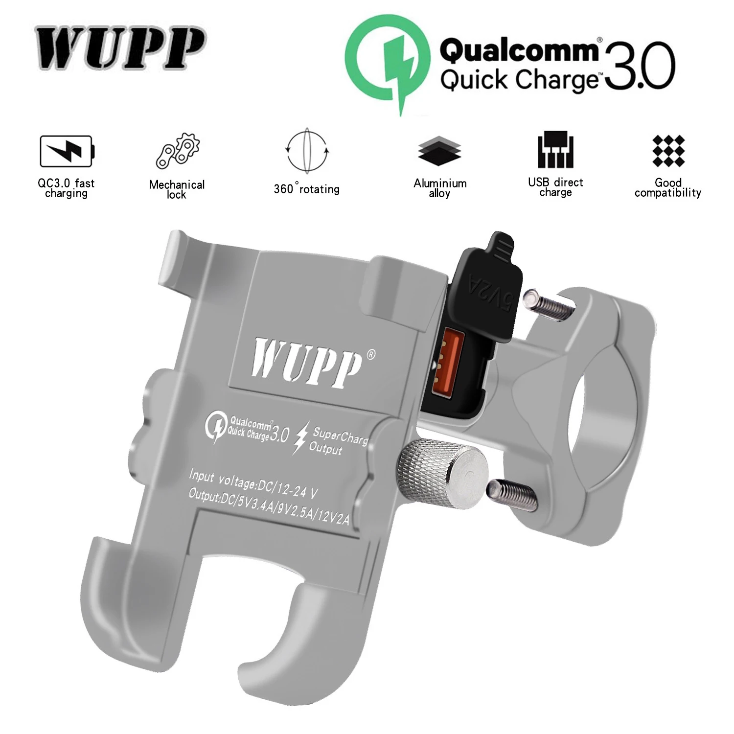 

Wupp Motorcycle Phone Holder Bracket Usb 360 Motorbike Universal Rotating Mobile Rearview Phone Stand Aluminum Alloy QC3.0
