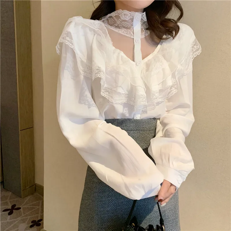 

Женские белые рубашки с длинным рукавом и оборками, белые топы с кружевными оборками, милые топы с оборками, весна 2019