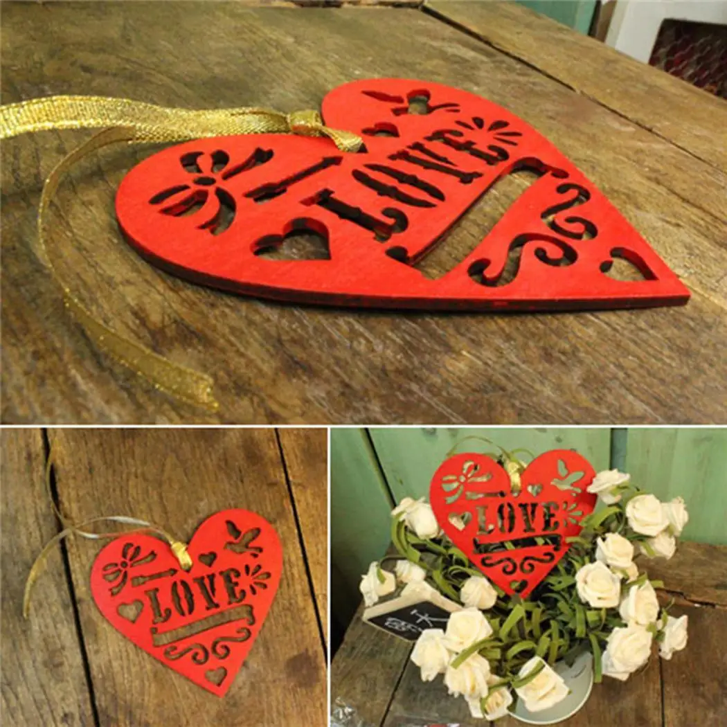 В форме сердца полый деревянный подвесной орнамент красный свадебный Декор 11 см/4