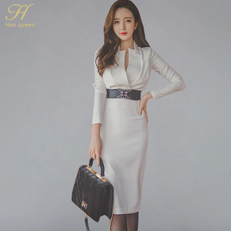 white H Han queen платье-карандаш белое Vestidos женское платье новое осеннее модное тонкое сексуальное OL платье с v-образным вырезом и длинным рукавом - Цвет: white