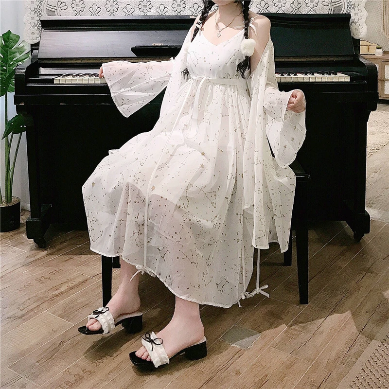 Платье Лолиты Kawaii платье для женщин японская милая Лолита позолоченное платье на бретелях+ солнцезащитное пальто куртка из двух частей милый