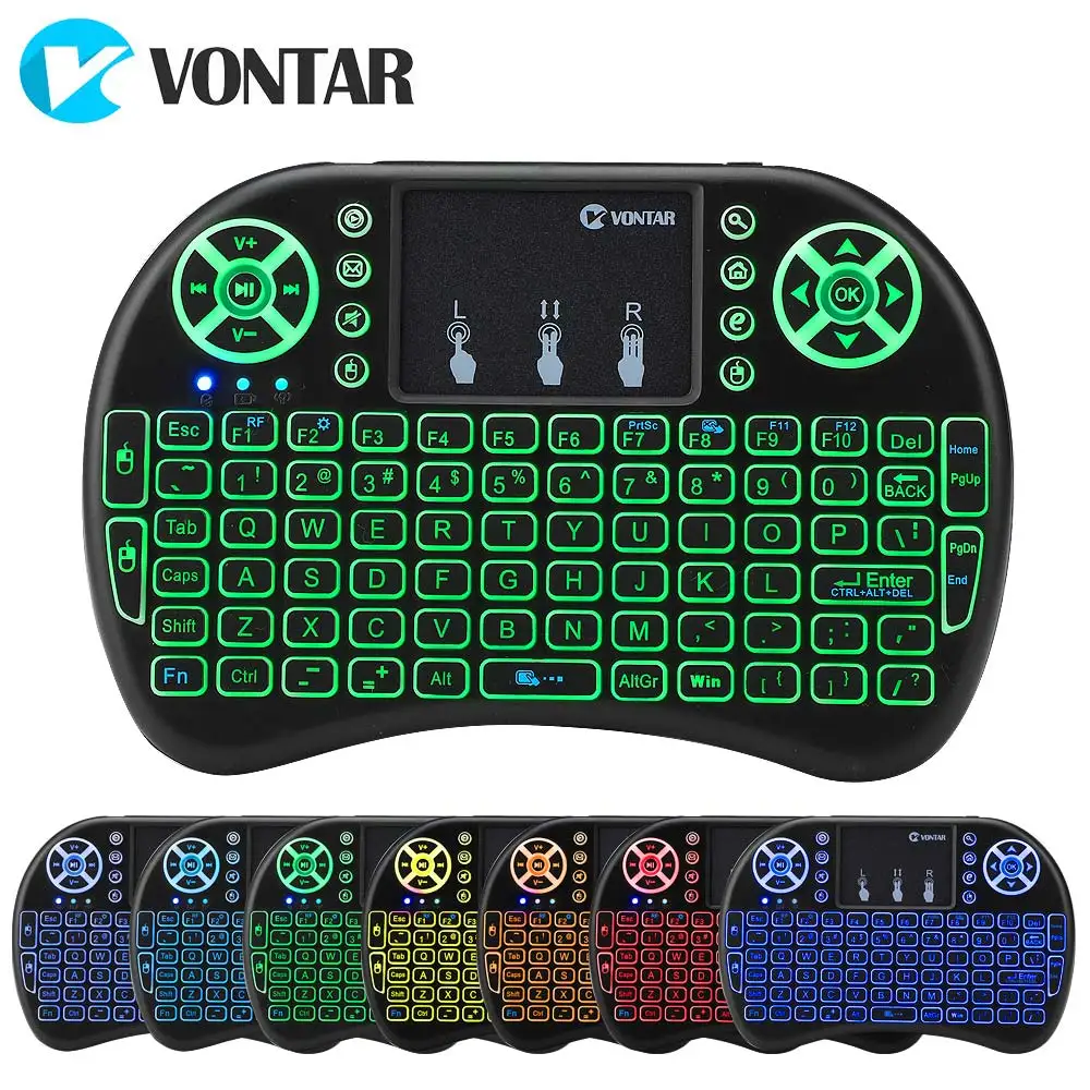 VONTAR i8+ 2,4G мини беспроводная клавиатура 7 цветов с подсветкой Сенсорная панель портативная русская воздушная мышь для Android tv Box T9 X96 HK1 Mini