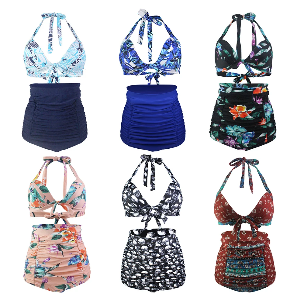 

New US Plus Size Swimwear 50s Retro Tie Front High Waisted Bikinis set swimsuit Bathing Suit Women Vintage Halter Floral Print