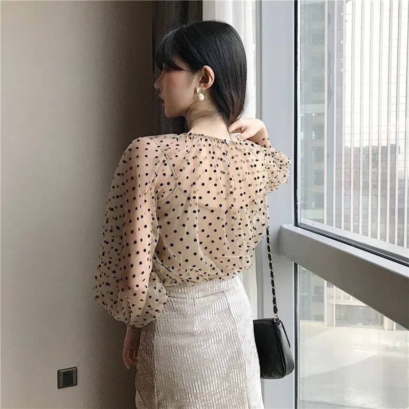 Женские свободные топы в горошек с круглым вырезом Повседневная Блузка рукавами