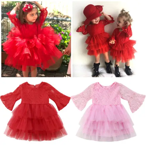 Новинка рождественское красно-розовое кружевное многослойное платье детское