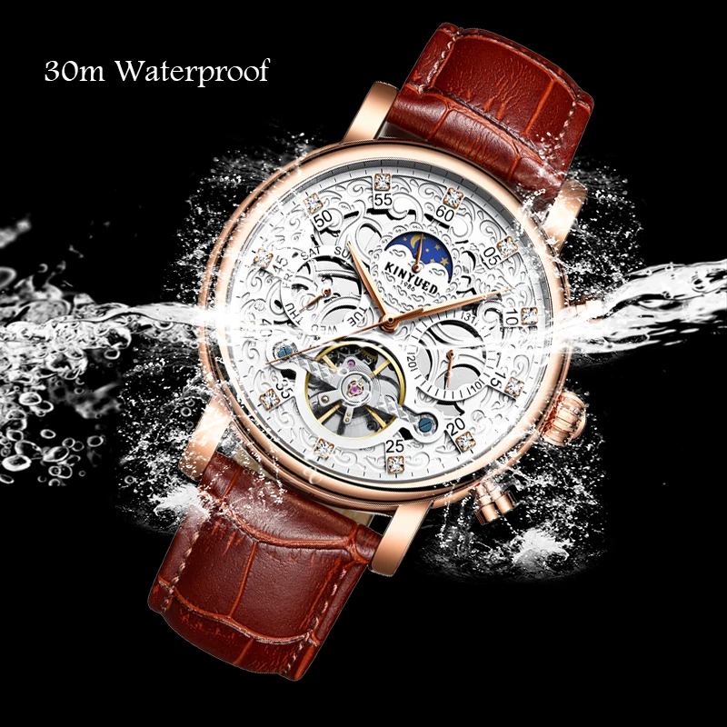 KINYUED Мужские автоматические механические часы с полым циферблатом Tourbillon