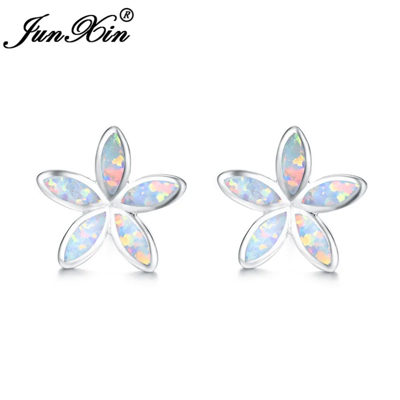 White Opal Earrings JUNXIN, женские серьги-гвоздики с голубым белым огненным опалом и снежинками для женщин, 925 пробы, серебряные серьги с цветком, ювелирные изделия для девочек - Окраска металла: White Opal Earrings