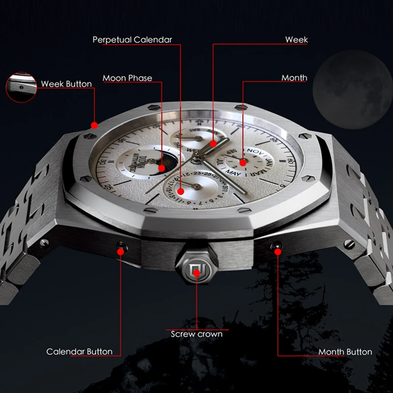Мужские часы Топ бренд Роскошный механический автоматический Мода Бизнес Moonphase 30
